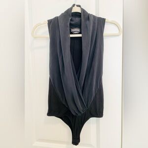 Bebe Black Silk Open Front Bodysuit, XS/TP
